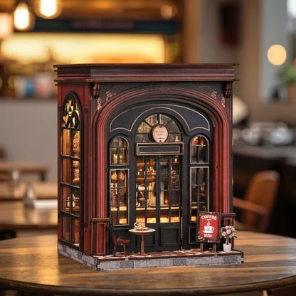 Sunny Cafe Dollhouse, DIY Miniature House Kit with LED Light for Adults Teens Beginners, Vintage Coffee Shop Book Nook Kit Bookshelf Decor, Creative DIY Craft Gift for Coffee Lovers Birthdays Holidays - Image 7