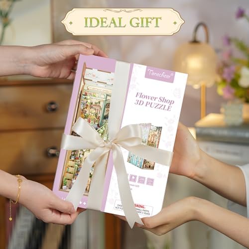 Tonecheer DIY Book Nook Kit for Adults, Booknook Wooden 3D Puzzle Bookend Miniature House Kit, Fantasy Bookshelf Decor with Sensor LED Light Gifts for Birthday Valentine's Day (Flower Shop) - Image 6