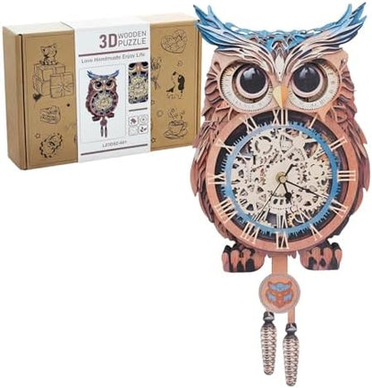 Kosmickiss 3D Puzzles for Adults, Wooden Owl Wall Clock with Pendulum by KOSMICKISS