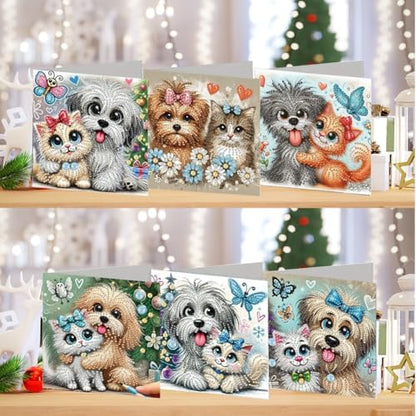 jinglinhh 6pcs Big-Eyed Cats Dogs Butterfly Diamond Art Painting Greeting Cards with Envelopes, DIY Card Making Kits for Adults, Diamond Art Postcards Christmas Cards Craft Gifts - Image 4