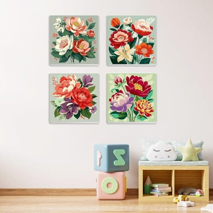 MXJSUA 4 Pack Peony Flowers Framed Paint by Numbers Kit with Canvas for Adults Beginner, DIY Acrylic Oil Painting Kits with Brushes for Home Wall Decor Gift (8x8 inch) - Image 2