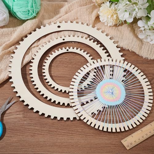 BENECREAT 3 Sizes Wooden Weaving Loom Kit, 5/7.8/11 inch Round Gear Shape DIY Weaving Loom for Hanging Decor Woven Tapestry Knitted Crafts Making, 5mm Thick (Pack of 4) - Image 5