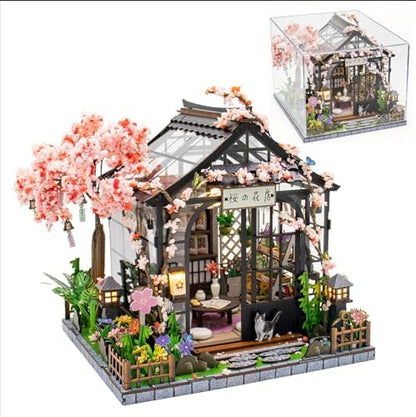 MINORIA Sakura Greenhouse DIY - Miniature House Building Kit-3D Wooden Cherry Blossom Dollhouse with Acrylic Dust Cover - LED Light by Unknown