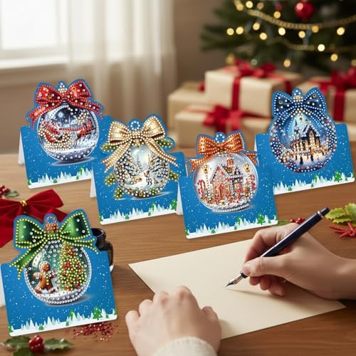 C'eitura 6Pcs DIY Christmas Crystal Ball Diamond Art Painting Crafts Rhinestone Painting Greeting Card Making Kit Postcard for Holiday Christmas New Year Party Favors - Image 2