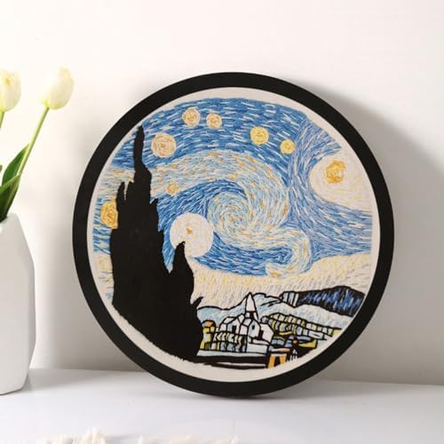 Esffaci Embroidery Starter Kit for Adults Beginners with Van Gogh Starry Night Pattern Stamped Cross Stitch Set with Embroidery Cloth Hoop Needles Threader Colorful Floss and Instruction - Image 7