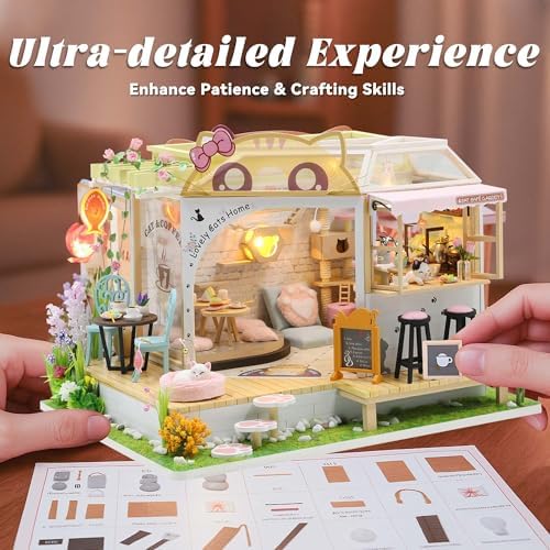 Flever Dollhouse Miniature DIY House Kit Creative Room with Furniture for Romantic Valentine's Gift (Cat Cafe Garden) - Image 3