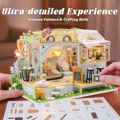Flever Dollhouse Miniature DIY House Kit Creative Room with Furniture for Romantic Valentine's Gift (Cat Cafe Garden) - Image 3