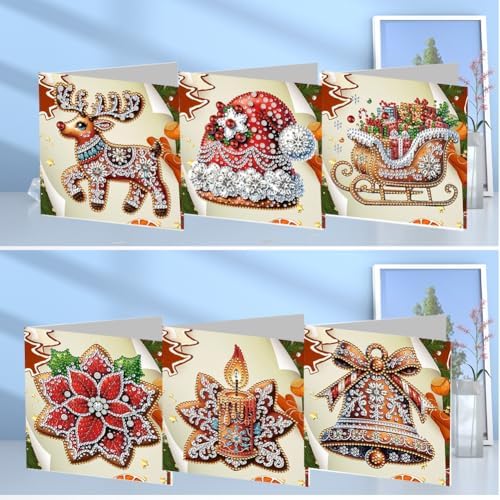 jinglinhh 6pcs Diamond Art Painting Christmas Deer Sled Poinsettia Bell Greeting Cards with Envelopes, DIY Card Making Kits for Adults, Diamond Art Postcards Holiday Cards Craft Gifts - Image 4
