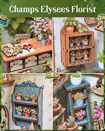 Cutefun Book Nook Kit - DIY Miniature Dollhouse Kit for Adults and Teens, French Flower Shop Mini House Building Kit with LED, 3D Wooden Puzzle for Beginner Creative Gifts (Champs-Élysées Florist) - Image 5