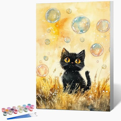 Framed Paint by Numbers Kit for Adults Beginner & Kids Ages 8-12, Black Cat Paint by Numbers with frame, without Easel, DIY Acrylic Number Painting for Adults Animal for Home Decor Gift 8 x 12 Inch by Unknown