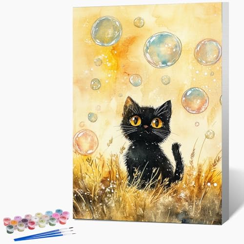 Framed Paint by Numbers Kit for Adults Beginner & Kids Ages 8-12, Black Cat Paint by Numbers with frame, without Easel, DIY Acrylic Number Painting for Adults Animal for Home Decor Gift 8 x 12 Inch by Unknown
