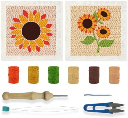 BEUNITONE 2 Sets DIY Punch Needle Kits for Beginners,Sunflower Pre-Printed Pattern,Embroidery Punch Needle Starter Kits for Adults,Includes Pre-Printed Cloth,Yarns,Hoops,Threader and Instruction by BEUNITONE