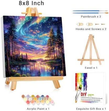 Framed Paint by Numbers Kit for Adults Beginner Kids Ages 8-12 Starry Night Adult Paint by Number Kits on Canvas with Easel Landscape Painting by Numbers for Adults with Frame DIY Painting Kits 8x8 In - Image 2