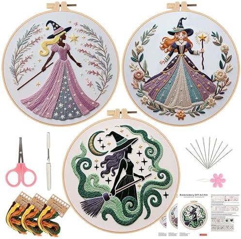 3 Pack Witch Embroidery Kit for Beginners with Magic Patterns, DIY Cross Stitch Starter Kit with Embroidery Hoop, Color Threads, Needles, Scissors, and Instructions - Art Craft Gift for Adults & Teens by Unknown