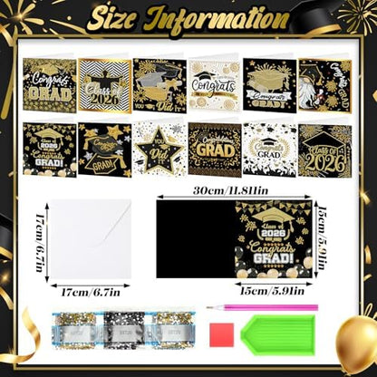 Saillong 12 Pack 2026 Graduation Diamond Painting Greeting Card Kits Class of 2026 Grad Diamond Art Cards with Envelope 5D Rhinestones Painting Making Kit for Adult DIY Craft High School Graduate Gift - Image 4