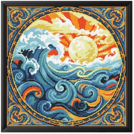 FREEBLOSS 11CT Stamped Cross Stitch Kits Sunrise&Waves Cross Stitch Wall Hanging Kit Complete Embroidery Kits with Instruction for Needlepoint Adults Wall Art Decoration 18 * 18in/45 * 45cm by FreeandCreativeCraftsArt
