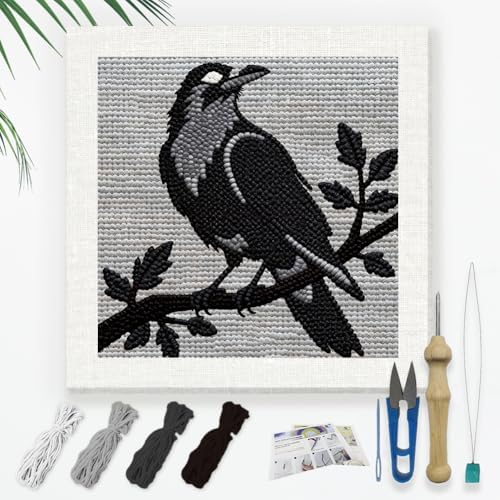 Doodlream Dark Crow on Branch Needle Kit for Beginner, 9.4"x 9.4" Mystic Black Bird Punch Stitching Craft Set, DIY Embroidery Starter with Printed Frame, Instruction, Threader, Yarn, Pinch Needle by Doodlream