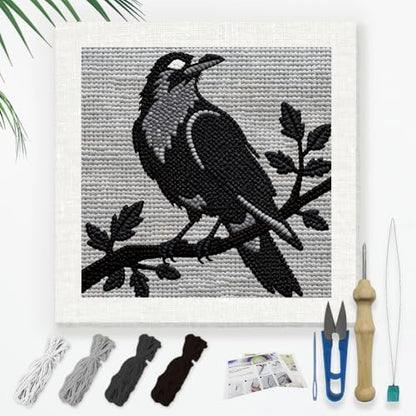 Doodlream Dark Crow on Branch Needle Kit for Beginner, 9.4"x 9.4" Mystic Black Bird Punch Stitching Craft Set, DIY Embroidery Starter with Printed Frame, Instruction, Threader, Yarn, Pinch Needle by Doodlream