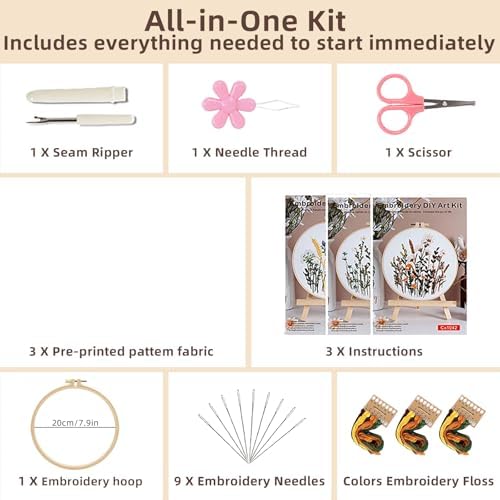 Herdiese Embroidery Kit for Beginners & Adults, 3PCS Floral Patterns. - Image 2