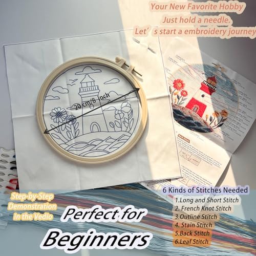 FONNUY Embroidery Kit for Beginners, Lighthouse Landscape Flowers Pre-Stamped Pattern Kits for Adults with Hoop, Easy to Follow Color Thread Needlework, 8'' Hoop (Blue) - Image 5