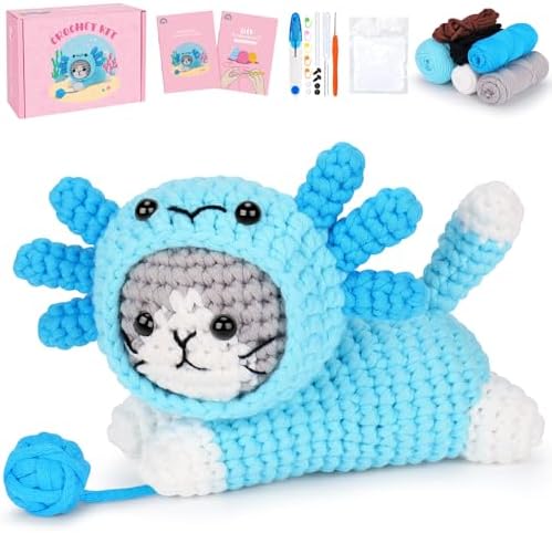 Crochet Kit for Beginners, Cat Dress in Axolotl Crochet Kit, Complete Crochet Animal Kit with Step-by-Step Video Tutorials, Easy Knitting Kit for Adults, DIY Cat Craft Kit for Galentines Gifts by FortuningsJDS