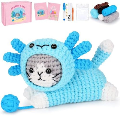 Crochet Kit for Beginners, Cat Dress in Axolotl Crochet Kit, Complete Crochet Animal Kit with Step-by-Step Video Tutorials, Easy Knitting Kit for Adults, DIY Cat Craft Kit for Galentines Gifts by FortuningsJDS