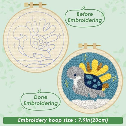 ERKOON Punch Needle Kit Adults Beginners, DIY Easy Sea Animals Embroidery Set for Starter Art Craft, Needling Punch Project with Patterns, Tools, Yarns, Hoop, Instruction (Turtle) - Image 3