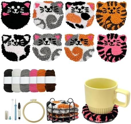 Punch Needle Kit for Beginners Adults Easy Needle Punch Embroidery Tool Set Including Threader Instruction Fabric Hoop Yarn Coaster DIY Making Kit Supplies,Set of 8 Cat Cute Pet Art Crafts Gifts by SereneDreamHome