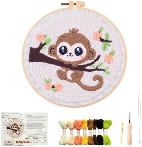 Myfelicity Punch Needle Embroidery Kit, Beginner Craft Set with Animal Pattern Design, 7.9 Inch Hoop (Monkey) by Myfelicityembroiderykit