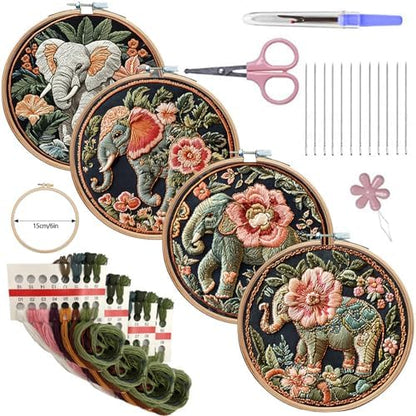 SCECALA 4 Pack Elephant Floral Embroidery Kit for Beginners by SCECALA