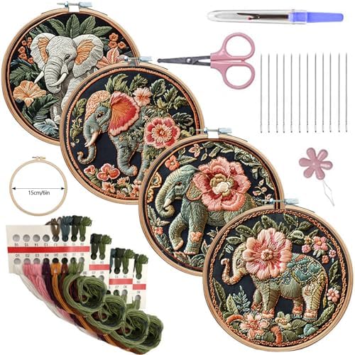 SCECALA 4 Pack Elephant Floral Embroidery Kit for Beginners by SCECALA