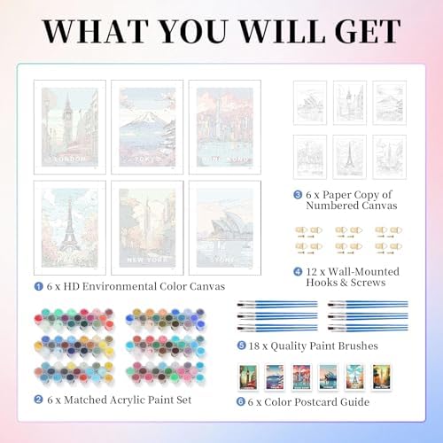 6 Pack Paint by Numbers Kit for Adults, Cityscape Canvas Painting Set - Image 4
