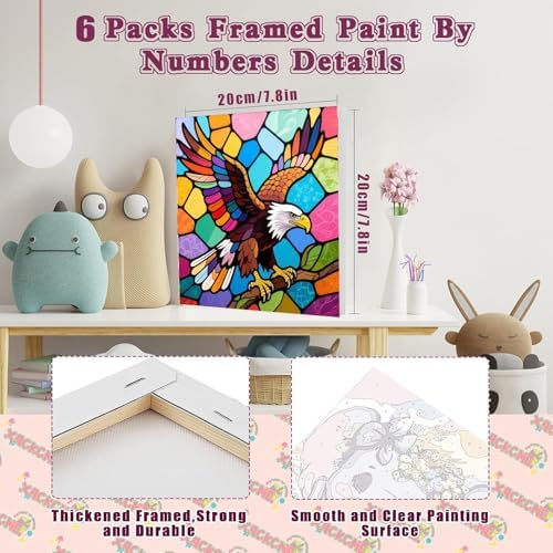 SYDYLH 6 Pack Paint by Numbers Kit for Kids Ages 4-12 / Adult/Teen, Easy DIY Animal Painting Kit with Frame, Beginner Acrylic Paint by Number Canvas 8x8 Inch for Boys Girls Arts Crafts Gift - Image 2
