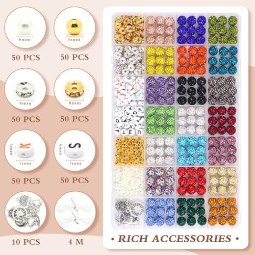 501 Pcs Rhinestone Bead Kit for Bracelet, 10mm Sparkle Clay Crystal Beads for Jewelry Making, 21 Colors Shiny Disco Ball Beads for Crafts Baseball Necklace Keychain Earrings DIY Decoration (Kit 1) - Image 3