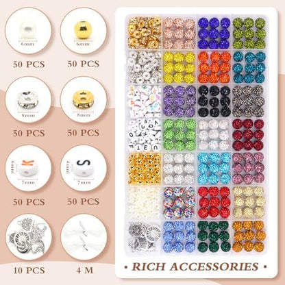 501 Pcs Rhinestone Bead Kit for Bracelet, 10mm Sparkle Clay Crystal Beads for Jewelry Making, 21 Colors Shiny Disco Ball Beads for Crafts Baseball Necklace Keychain Earrings DIY Decoration (Kit 1) - Image 3