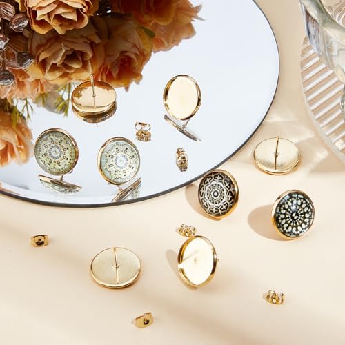 Beebeecraft 1 Box 50Pcs 16mm Cabochon Earring Blanks 18K Gold Plated Stainless Steel Stud Earrings Findings Round Tray Bezel Cup Earring Settings Posts and Back for Jewelry Making Kit Resin Craft - Image 3
