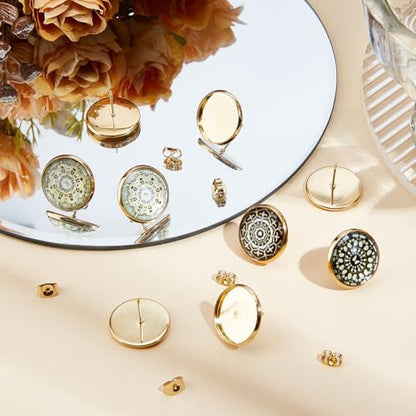 Beebeecraft 1 Box 50Pcs 16mm Cabochon Earring Blanks 18K Gold Plated Stainless Steel Stud Earrings Findings Round Tray Bezel Cup Earring Settings Posts and Back for Jewelry Making Kit Resin Craft - Image 3