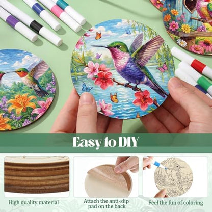 Reallnaive 45 Pcs Wooden Coasters Painting Set with Markers 4 Inch Boho Drink Coaster Gift Arts and Crafts DIY Kit for Adults, Women, Hobby, Ornament Home Apartment Decoration (Hummingbird) - Image 4