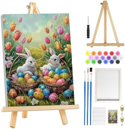 MOGTAA Easter Bunny Paint by Numbers Kit for Adults Beginners with Frame, Easter Eggs Adult Paint by Number Kits on Canvas with Easel, Easy DIY Flowers Oil Painting Kits for Home Decor, 8x12in by MOGTAADIYHomeDecor