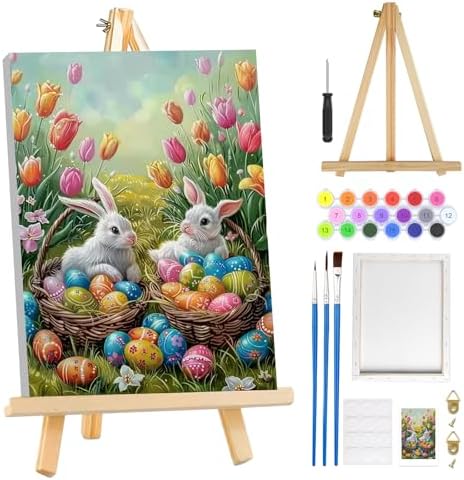 MOGTAA Easter Bunny Paint by Numbers Kit for Adults Beginners with Frame, Easter Eggs Adult Paint by Number Kits on Canvas with Easel, Easy DIY Flowers Oil Painting Kits for Home Decor, 8x12in by MOGTAADIYHomeDecor