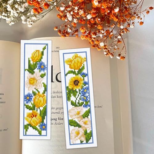 BEUNITONE 6 Pcs Flowers Cross Stitch Bookmark Kit for Adults Beginners Vivid Floral DIY Stamped Embroidery Bookmark Punch Needle Kit with Instructions for Book Lovers Reader Writer Gift 8''x2.4'' - Image 6