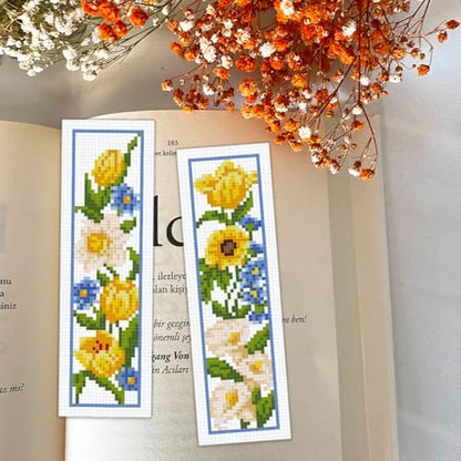 BEUNITONE 6 Pcs Flowers Cross Stitch Bookmark Kit for Adults Beginners Vivid Floral DIY Stamped Embroidery Bookmark Punch Needle Kit with Instructions for Book Lovers Reader Writer Gift 8''x2.4'' - Image 6