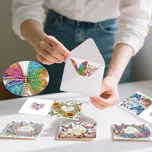 6 Pack Diamond Art Greeting Cards with Envelopes, DIY 5D Diamond Painting Birthday Card Kit with Butterflies and Flowers, 30x15cm Handmade Special Shaped Rhinestone Craft for Holiday and Birthday - Image 5