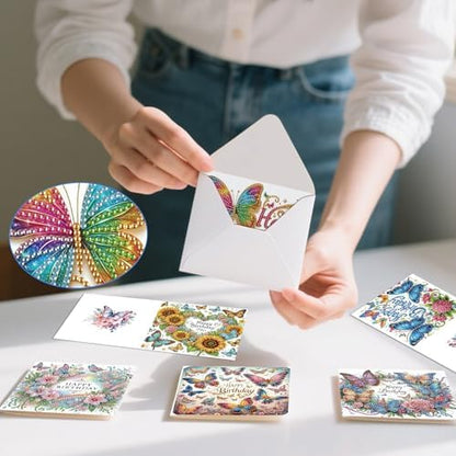 6 Pack Diamond Art Greeting Cards with Envelopes, DIY 5D Diamond Painting Birthday Card Kit with Butterflies and Flowers, 30x15cm Handmade Special Shaped Rhinestone Craft for Holiday and Birthday - Image 5
