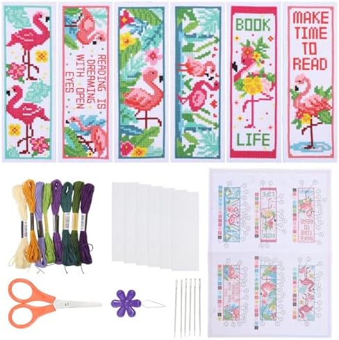 ORIGACH 6 Pcs Cross Stitch Bookmark Kit for Beginner Flamingo Bird Pattern Stamped Embroidery Stitch Kits for Starter DIY Bookmarks Printed Cross Stitch Kits for Book Lovers by ORIGACH