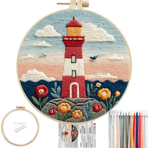 FONNUY Embroidery Kit for Beginners, Lighthouse Landscape Flowers Pre-Stamped Pattern Kits for Adults with Hoop, Easy to Follow Color Thread Needlework, 8'' Hoop (Blue and Orange) by FONNUY