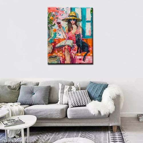 Aihonmin Girl with Black Kitten Paint by Numbers Kits for Adult Boho Style Paint by Numbers Vintage Painting Kits on Canvas Drawing with Brushes Decor Decorations Gifts Without Framed 16''W x 20''H - Image 3