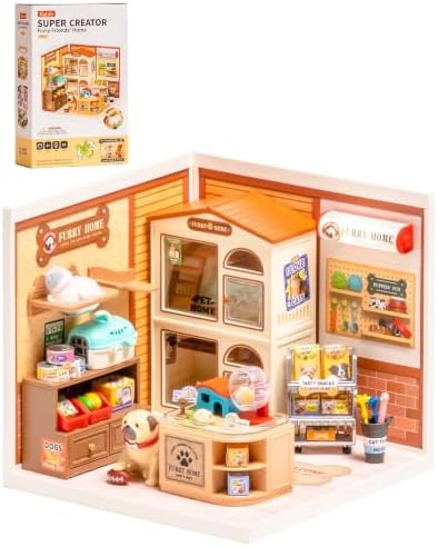 Rolife Super Creator Furry Friends' Home DIY Miniature House Kit, Snap-Fit Plastic 3D Puzzle No Glue Needed, Stackable Pet Store Room Decor Gift for Adults & Teens, 89 PCS by Rolife