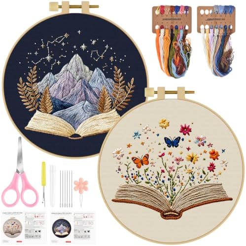 ERKOON Embroidery Kit for Beginners, 2 Set Floral Cross Stitch Set Include Embroidery Cloth Hoops Threads for Craft Lover Hand Stitch with Embroidery Skill Techniques (Book) by ERKOON