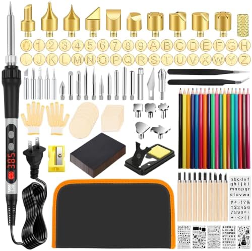 171PCS Wood Burning Kit, 100W Digital Wood Burner Tool, Adjustable Temp Pyrography Pen Set with Tips, Letter Number Stamps, Stencils, Transfer Papers, Carving Tools, Case for Adults & Beginners by QLOUNI
